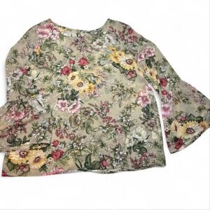 Floral Bell Sleeve Sheer Tan Blouse Top Women L XL Boho Festival 70s Cottagecore